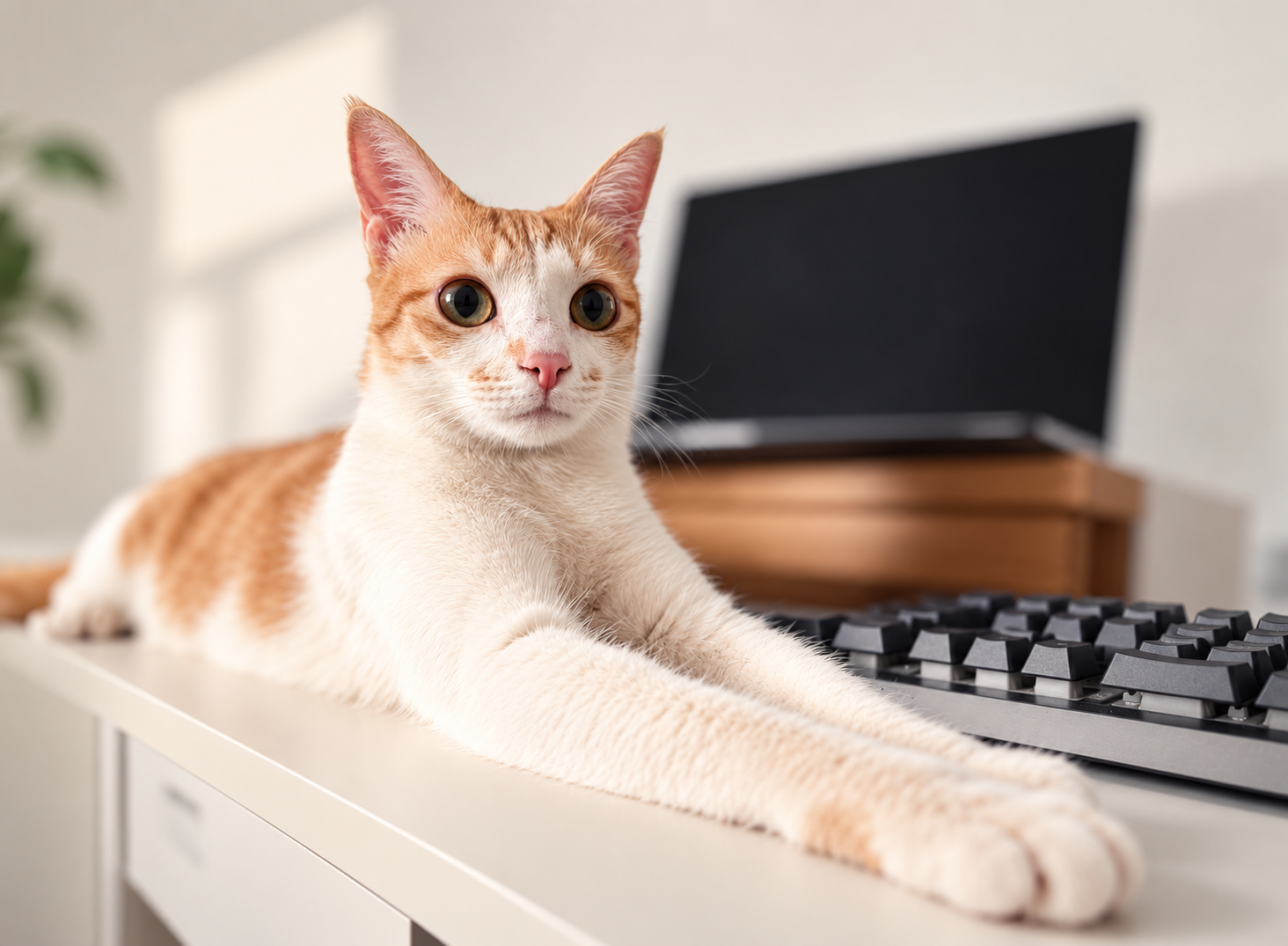 Momo stretched beside a computer keyboard