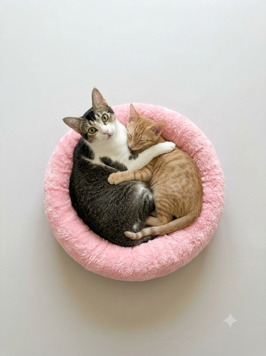 Noorie cuddling an orange kitten in a pink bed