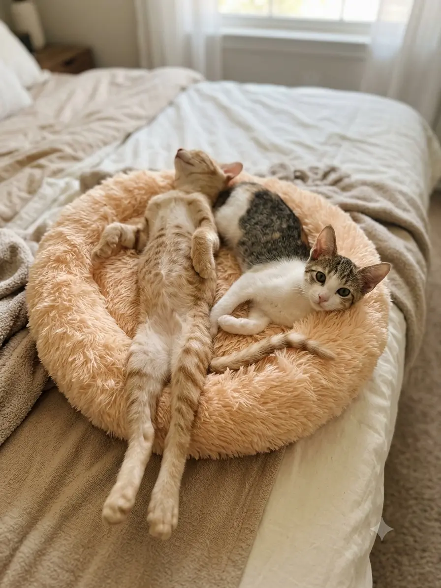 Two cats relaxing together in a round bed
