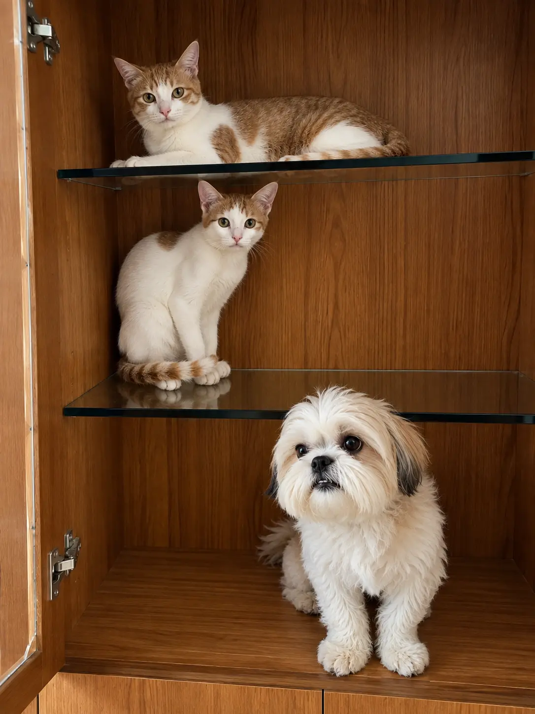 Two cats and a small dog arranged on wooden shelves