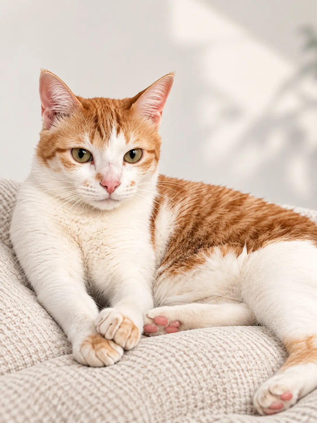 Momo relaxing on a pale sofa