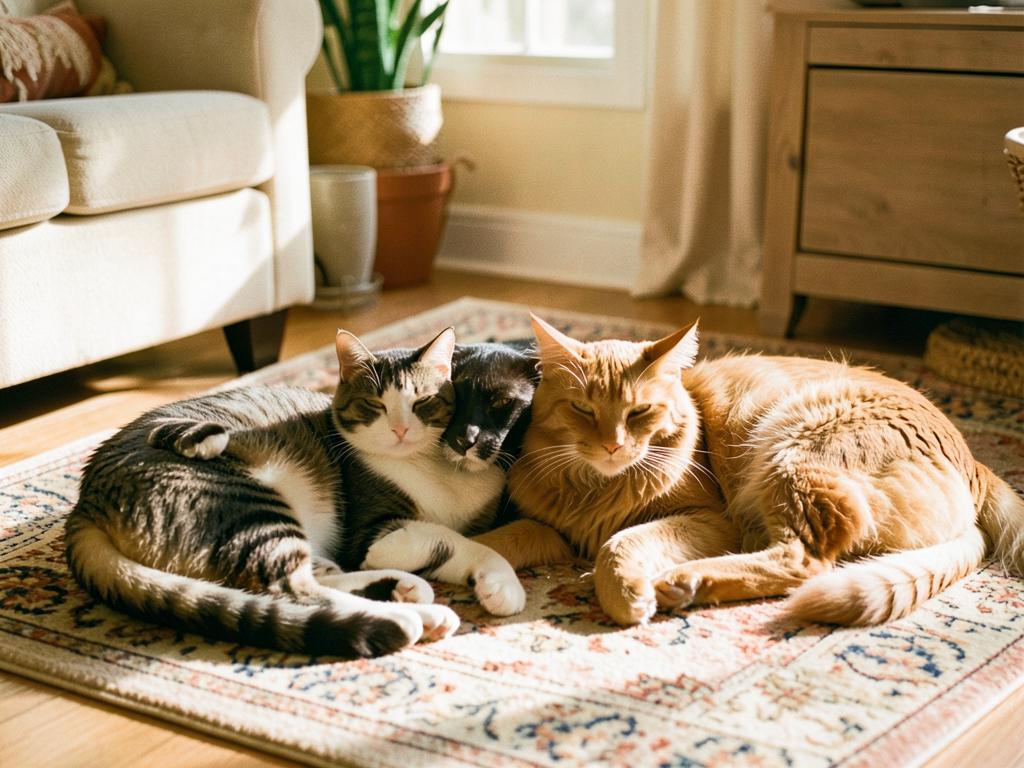 Cats and a dog napping together in warm afternoon light